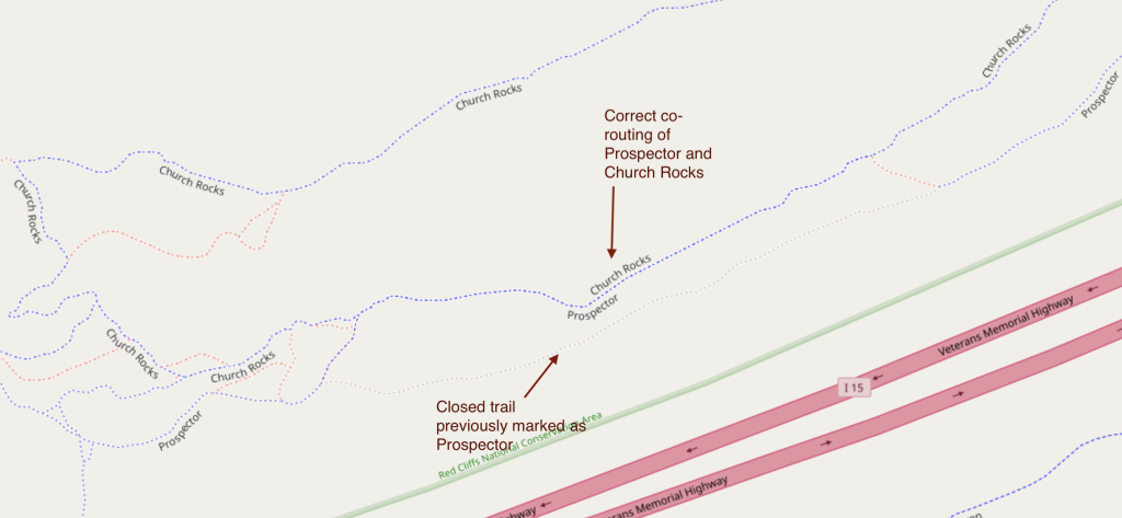 OpenStreetMap view of the corrected trail routing