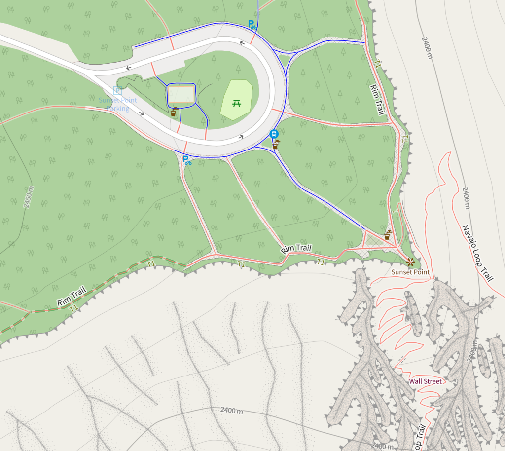 An OSM map screenshot showing part of Bryce Canyon National Park. The map clearly shows up-to-date detailed trails infrastructure as well as points of interest and topographical features.