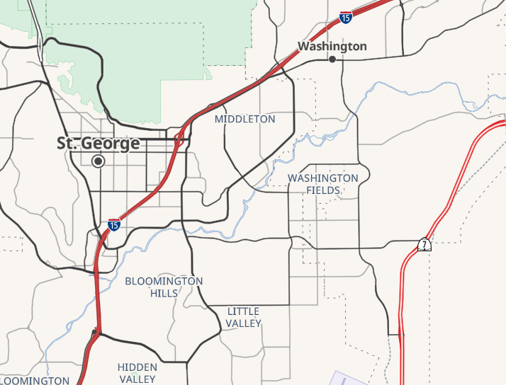 Screenshot of an OSM Americana map of the Saint George area, showing the important roads as well as place names in a clear, legible layout similar in design to traditional American "gas station" maps.